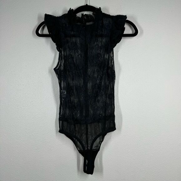 NBD x Revolve Freya Bodysuit Sheer Black Floral Lace Sleeveless Ruffle Medium - Picture 1 of 8